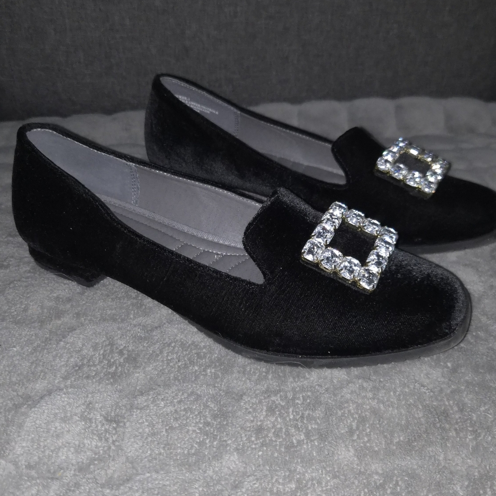 Adrienne Vittadini Black Loafers with Sparkling Buckle